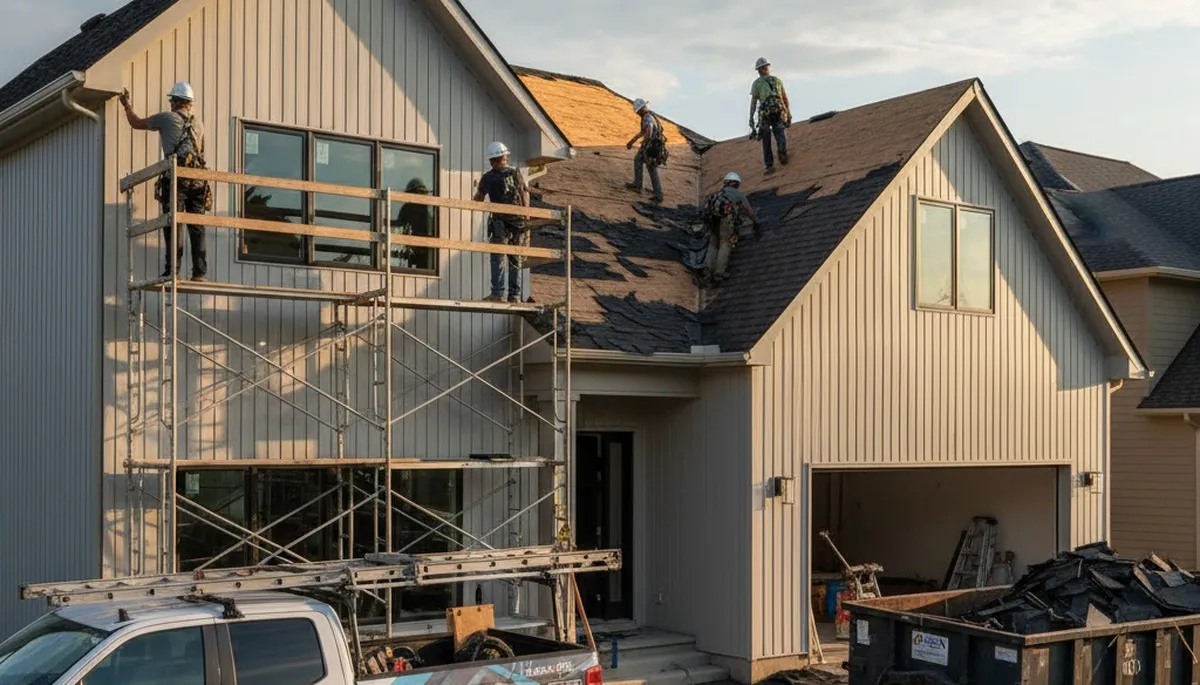 Roof replacement and vinyl siding experts working on a Dallas TX home exterior renovation